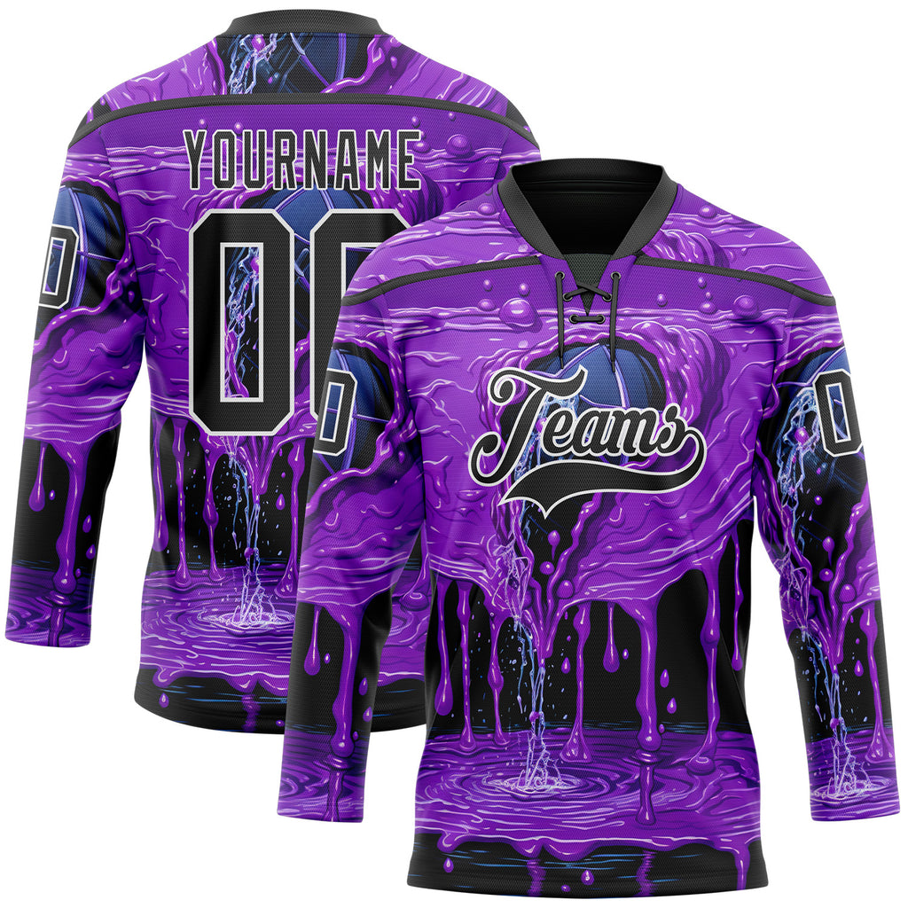 Custom Purple Black-White Melting Psychedelic Lace Neck Hockey Jersey