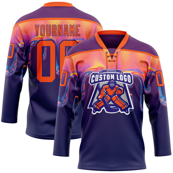 Custom Dark Purple Orange-Purple Melting Psychedelic Lace Neck Hockey Jersey