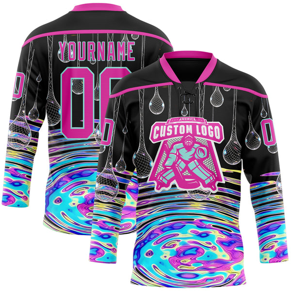 Custom Black Deep Pink-Ice Blue Melting Psychedelic Water Lace Neck Hockey Jersey