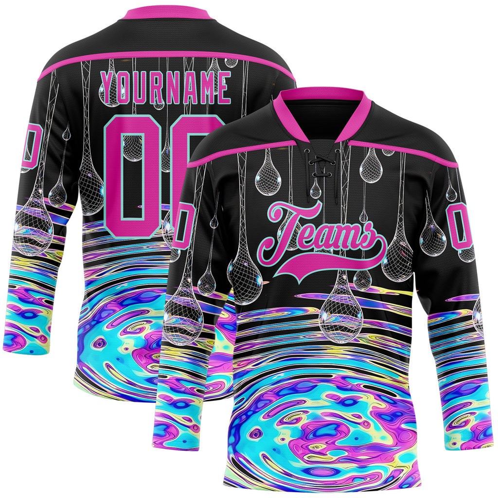 Custom Black Deep Pink-Ice Blue Melting Psychedelic Water Lace Neck Hockey Jersey