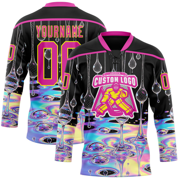 Custom Black Deep Pink-Light Yellow Melting Psychedelic Water Lace Neck Hockey Jersey