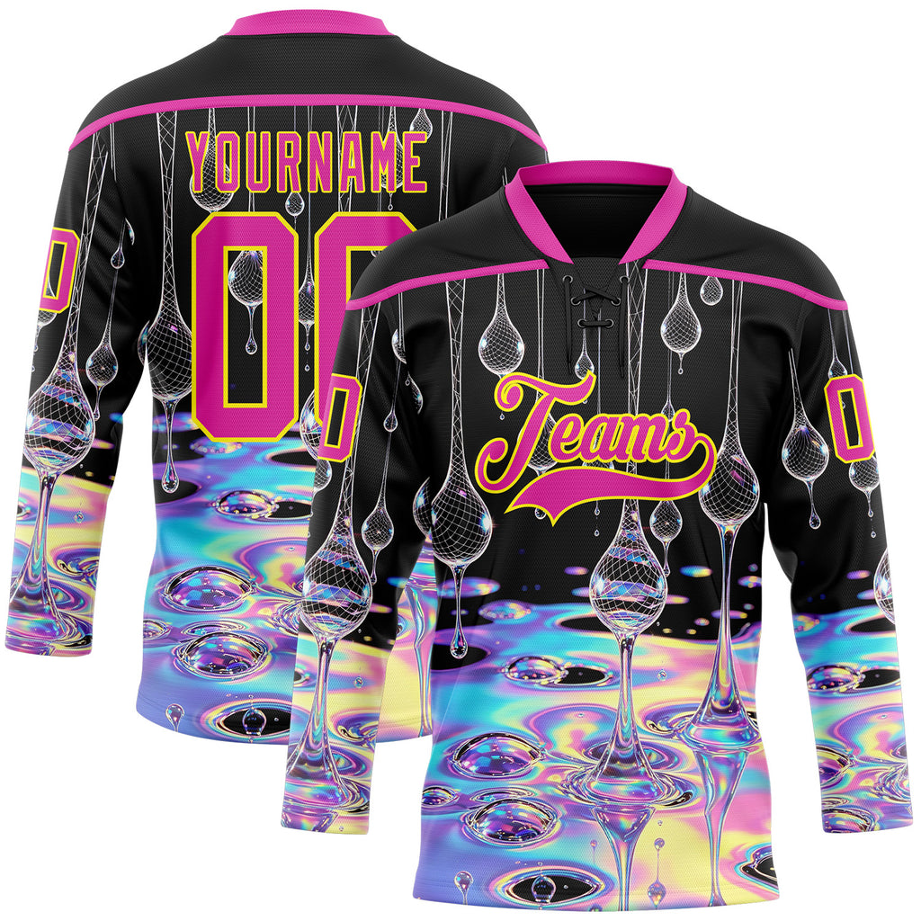 Custom Black Deep Pink-Light Yellow Melting Psychedelic Water Lace Neck Hockey Jersey