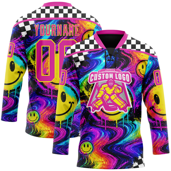Custom Black Deep Pink-Light Yellow Melting Rave Psychedelic Lace Neck Hockey Jersey