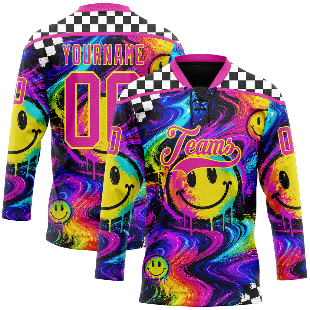 Custom Black Deep Pink-Light Yellow Melting Rave Psychedelic Lace Neck Hockey Jersey