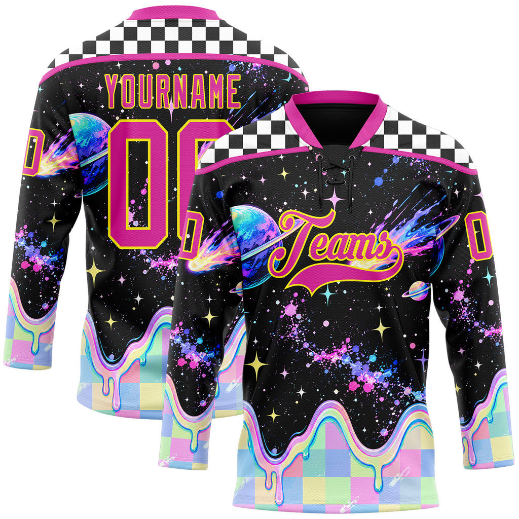 Custom Black Deep Pink-Light Yellow Melting Rave Psychedelic Galaxy Lace Neck Hockey Jersey
