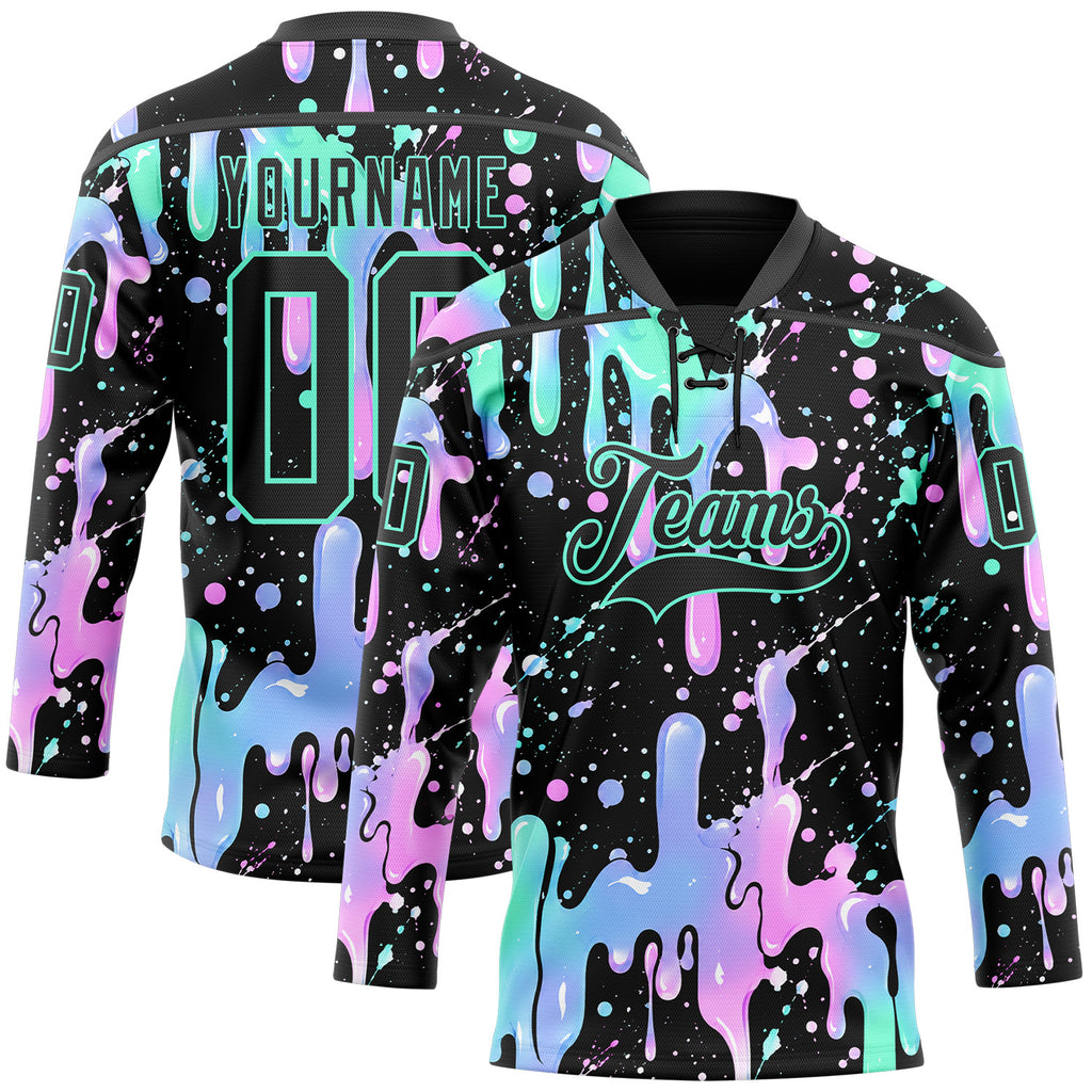 Custom Black-Green Melting Rave Psychedelic Lace Neck Hockey Jersey