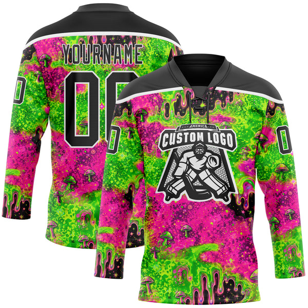 Custom Green Black Pink-White Melting Psychedelic Mushroom Lace Neck Hockey Jersey