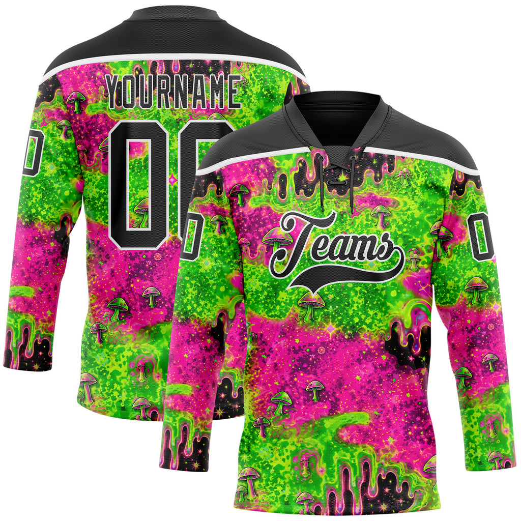 Custom Green Black Pink-White Melting Psychedelic Mushroom Lace Neck Hockey Jersey