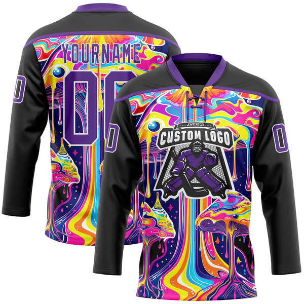 Custom Black Purple-White Melting Psychedelic Mushroom Lace Neck Hockey Jersey