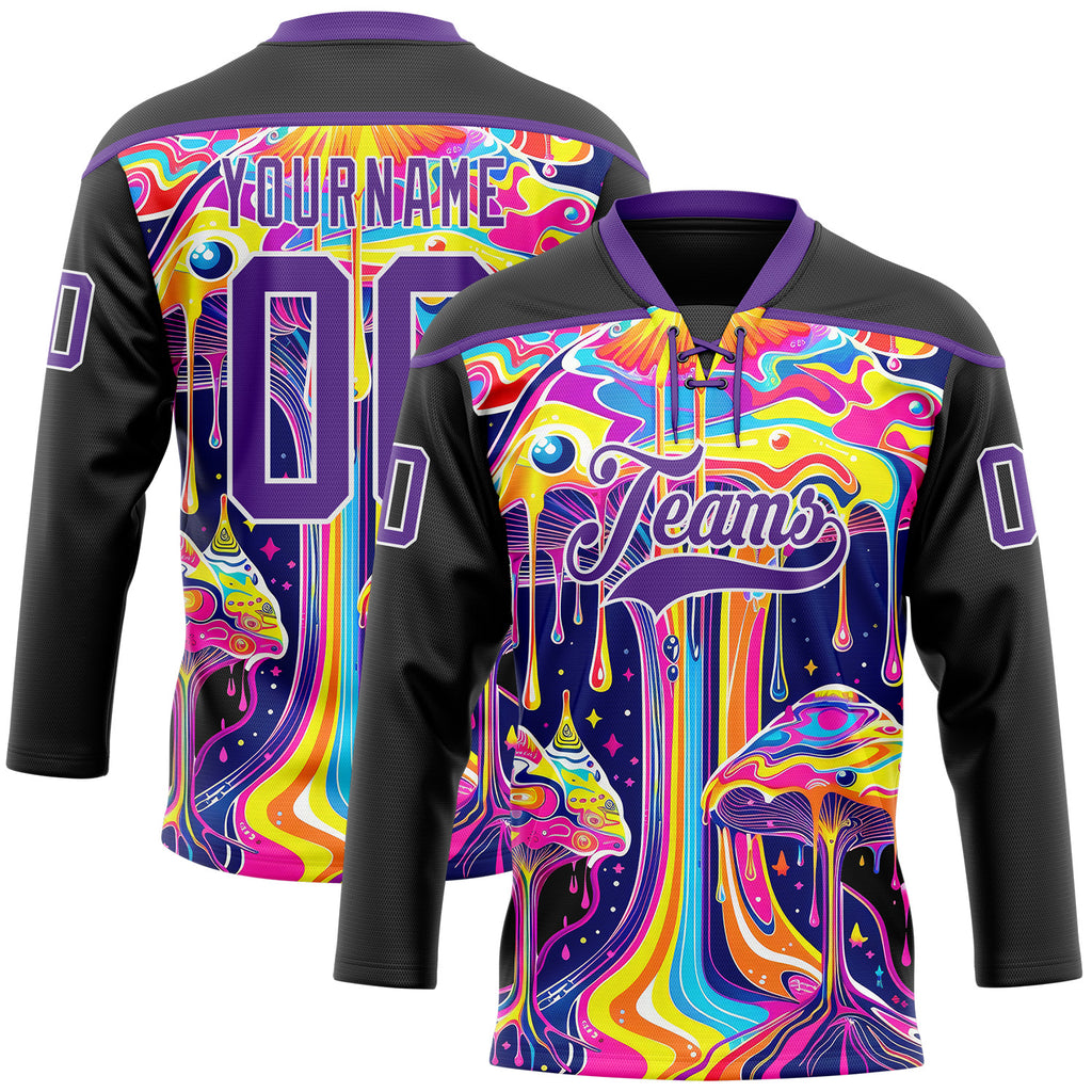 Custom Black Purple-White Melting Psychedelic Mushroom Lace Neck Hockey Jersey
