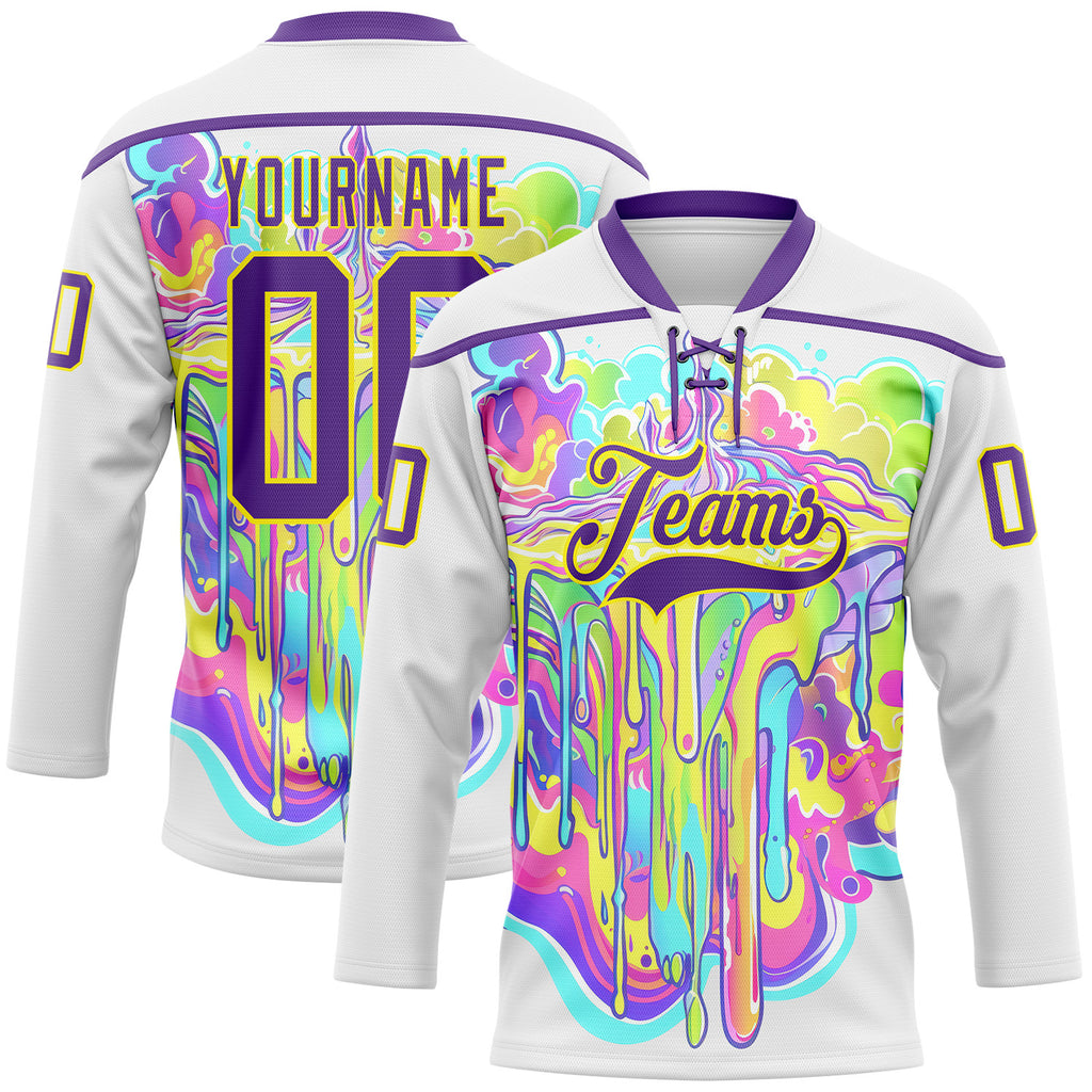 Custom White Purple-Light Yellow Melting Psychedelic Lace Neck Hockey Jersey