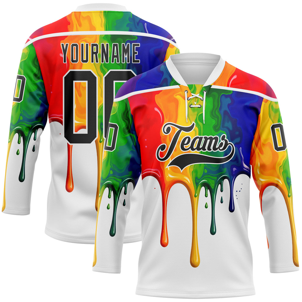 Custom White-Black Melting Psychedelic Lace Neck Hockey Jersey
