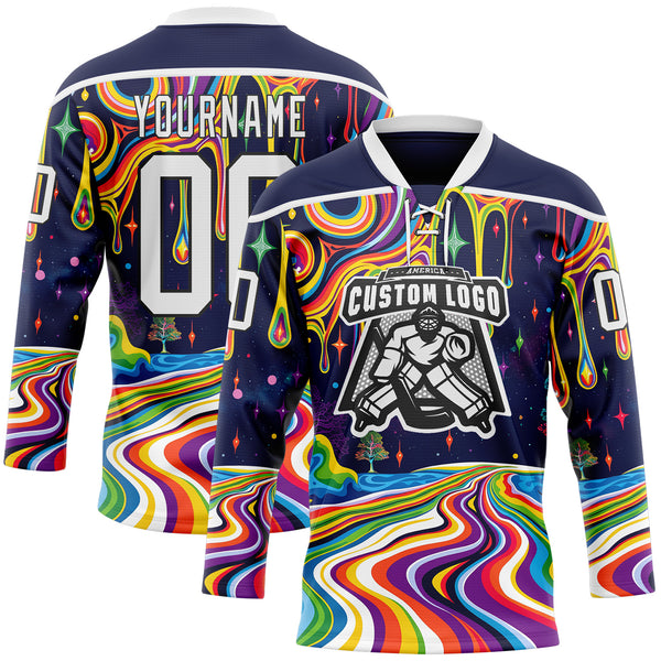Custom Navy White-Black Melting Psychedelic Lace Neck Hockey Jersey