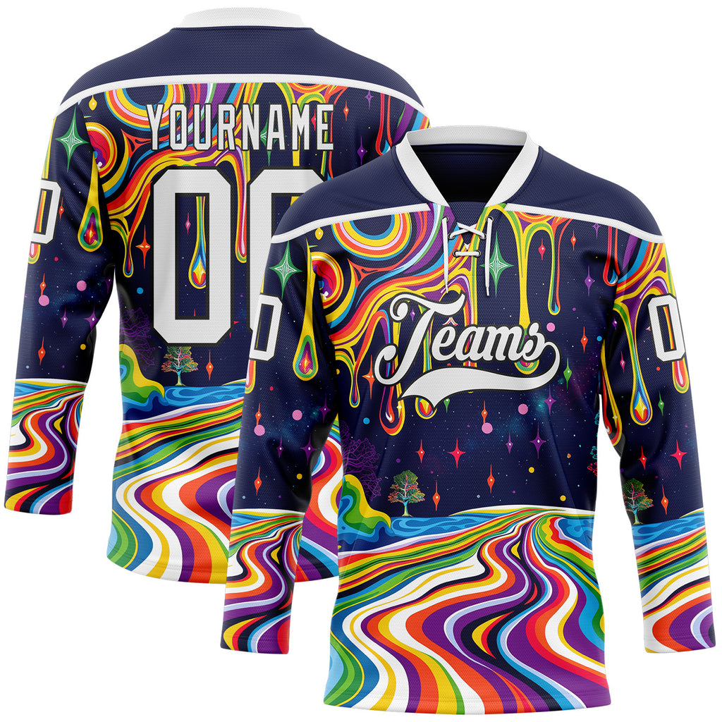 Custom Navy White-Black Melting Psychedelic Lace Neck Hockey Jersey