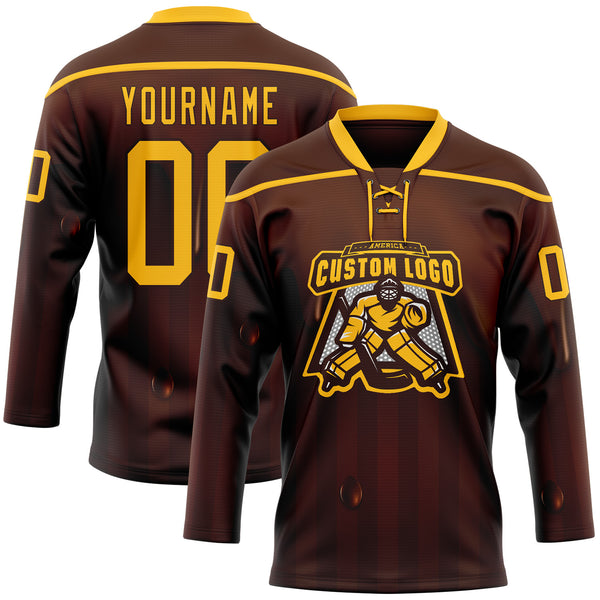 Custom Brown-Gold Melting Foodie Chocolate Lace Neck Hockey Jersey