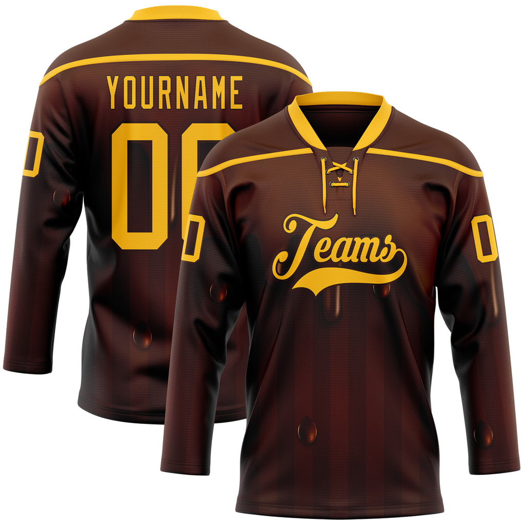 Custom Brown-Gold Melting Foodie Chocolate Lace Neck Hockey Jersey