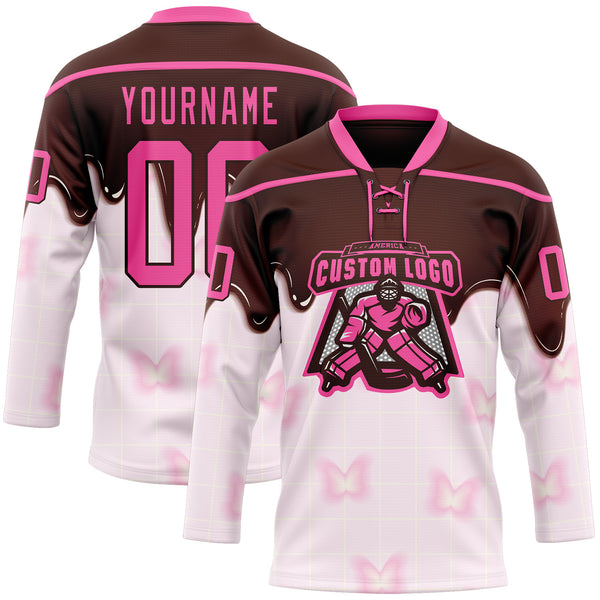 Custom Brown-Pink Melting Foodie Chocolate Lace Neck Hockey Jersey