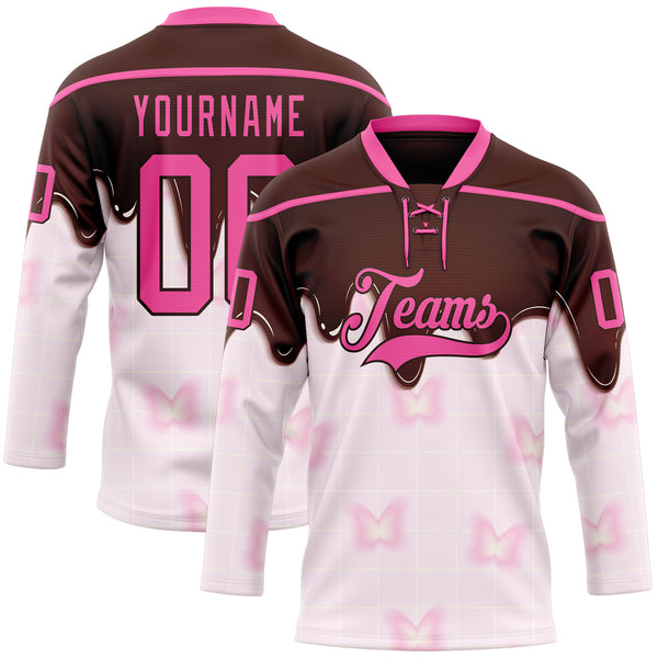 Custom Brown-Pink Melting Foodie Chocolate Lace Neck Hockey Jersey