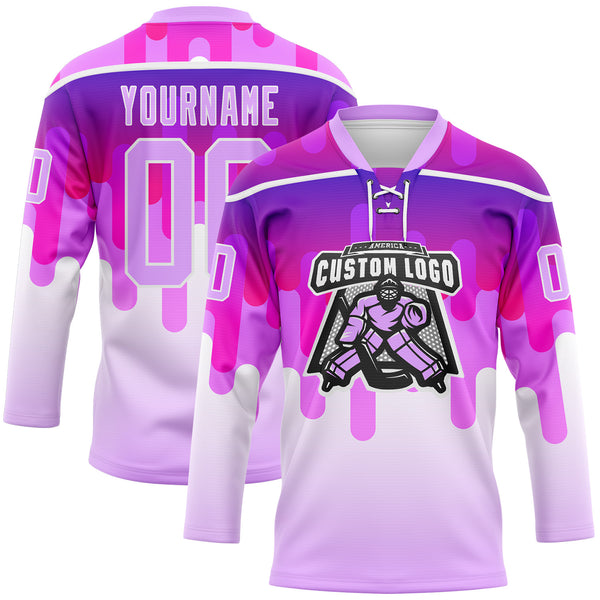 Custom White-Light Purple Melting Rave Psychedelic Lace Neck Hockey Jersey