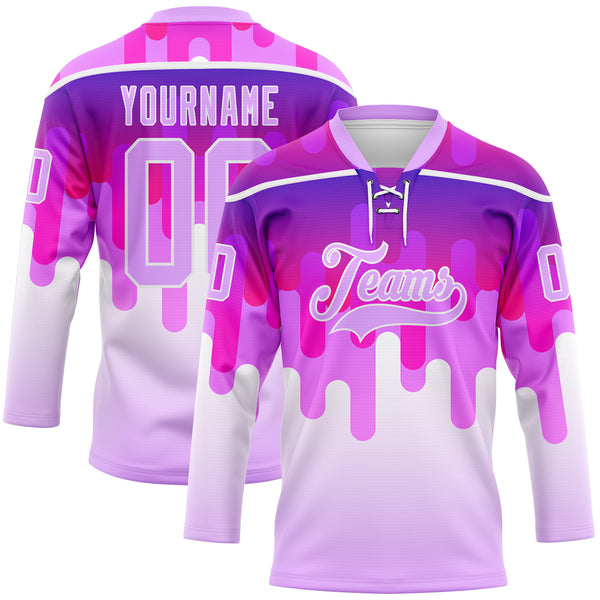 Custom White-Light Purple Melting Rave Psychedelic Lace Neck Hockey Jersey