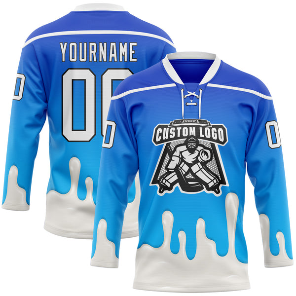 Custom Blue White-Black Melting Foodie Yogurt Lace Neck Hockey Jersey