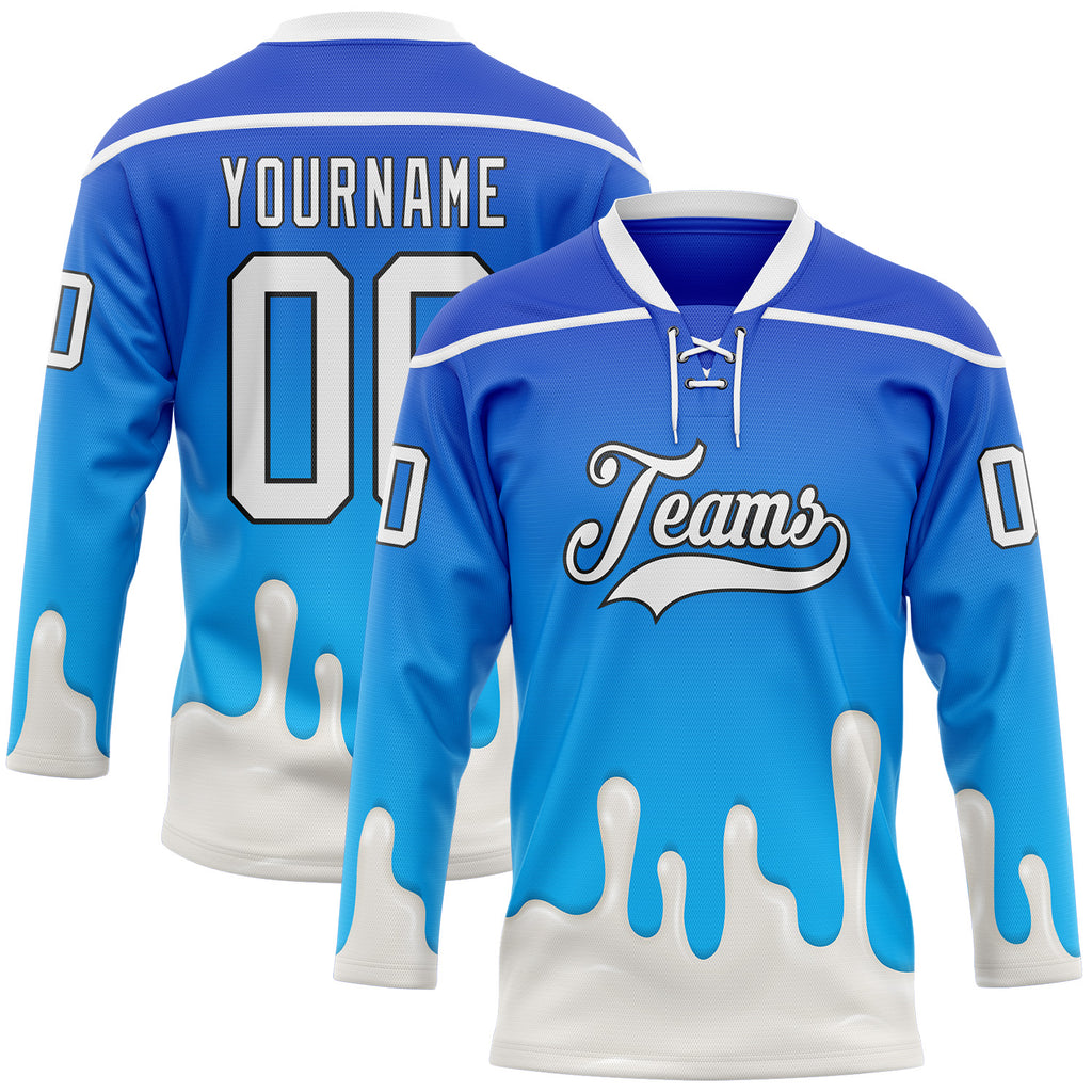 Custom Blue White-Black Melting Foodie Yogurt Lace Neck Hockey Jersey