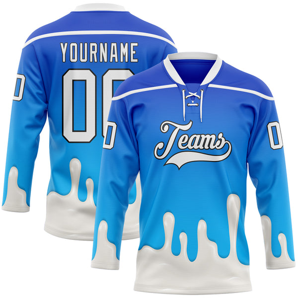 Custom Blue White-Black Melting Foodie Yogurt Lace Neck Hockey Jersey