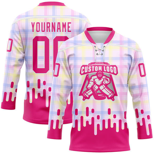 Custom Hot Pink-White Melting Rave Psychedelic Checkerboard Lace Neck Hockey Jersey