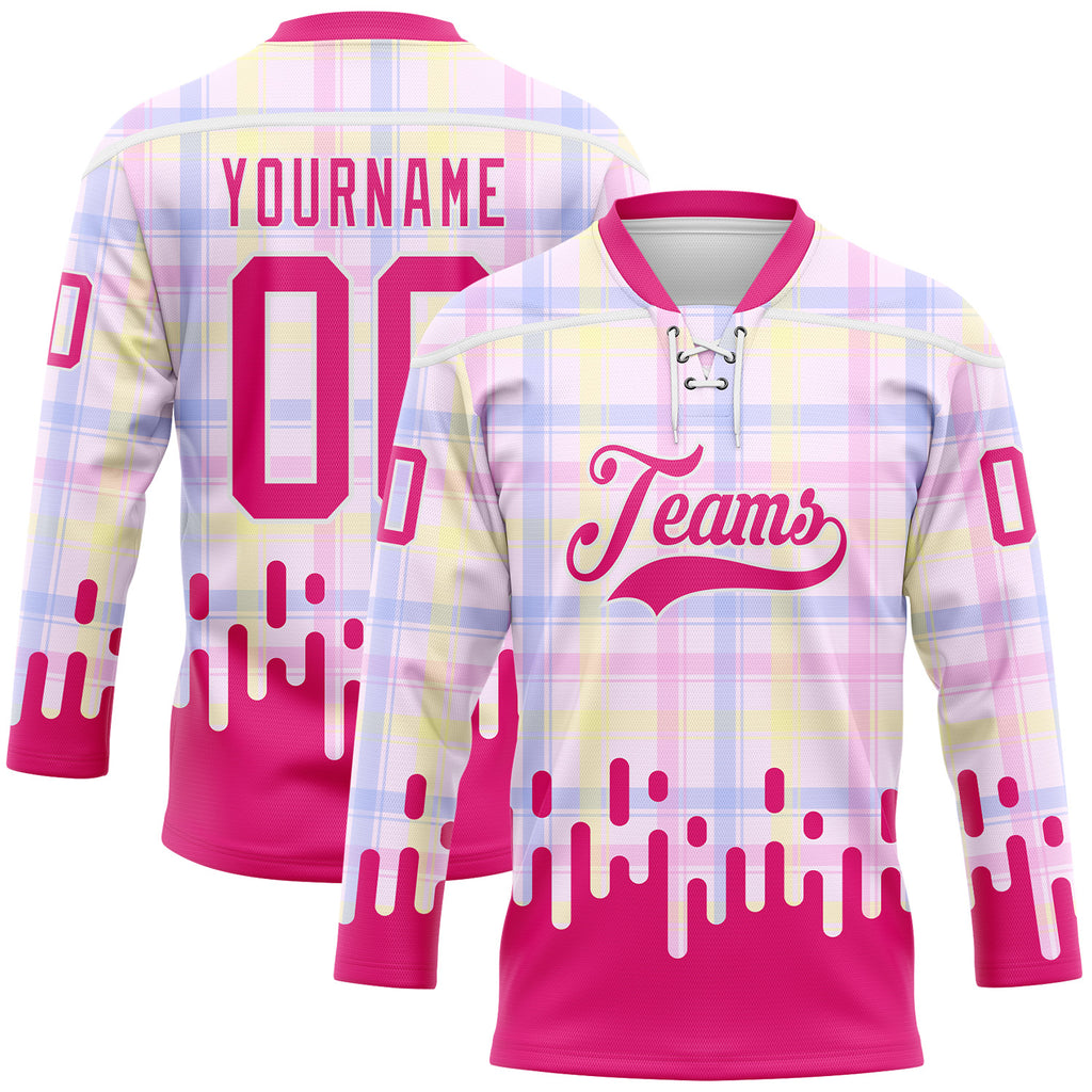 Custom Hot Pink-White Melting Rave Psychedelic Checkerboard Lace Neck Hockey Jersey