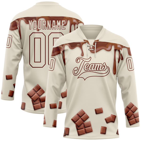 Custom Cream Brown-White Melting Foodie Chocolate Lace Neck Hockey Jersey