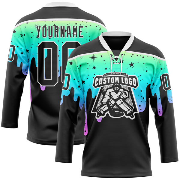 Custom Black-White Melting Rave Psychedelic Lace Neck Hockey Jersey