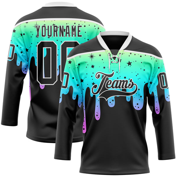 Custom Black-White Melting Rave Psychedelic Lace Neck Hockey Jersey