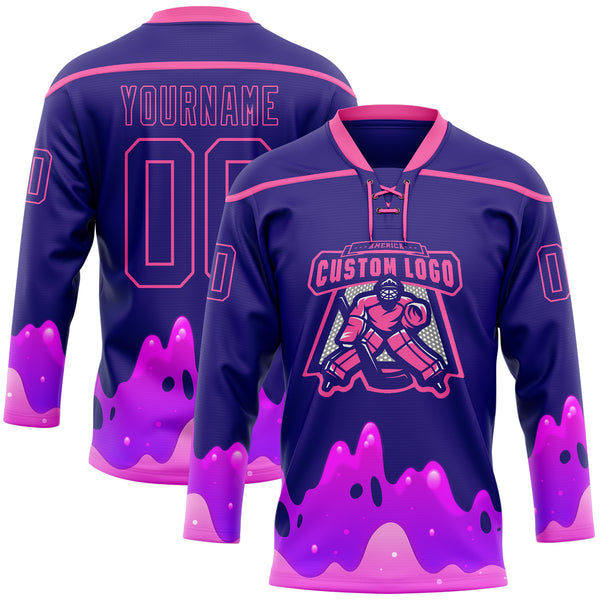 Custom Dark Purple-Pink Melting Psychedelic Lace Neck Hockey Jersey