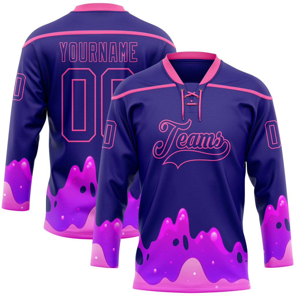 Custom Dark Purple-Pink Melting Psychedelic Lace Neck Hockey Jersey