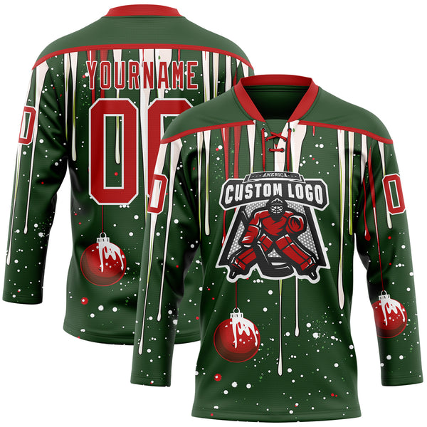 Custom Green Red-White Melting Rave Christmas Lace Neck Hockey Jersey
