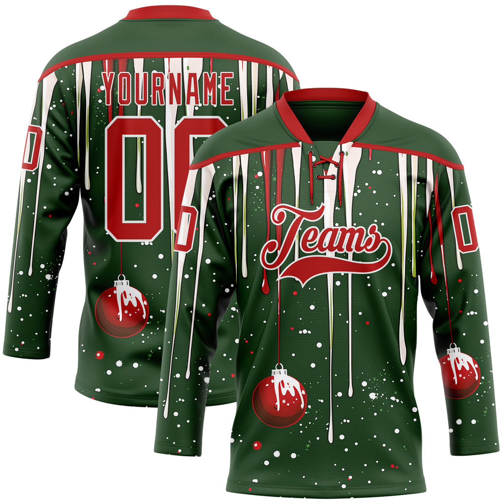 Custom Green Red-White Melting Rave Christmas Lace Neck Hockey Jersey