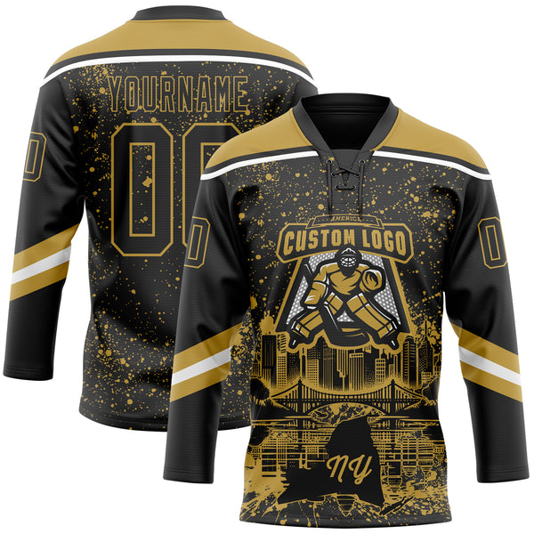 Custom Black Old Gold-White New York NY City Skyline State Pride Paint Splatter Lace Neck Hockey Jersey