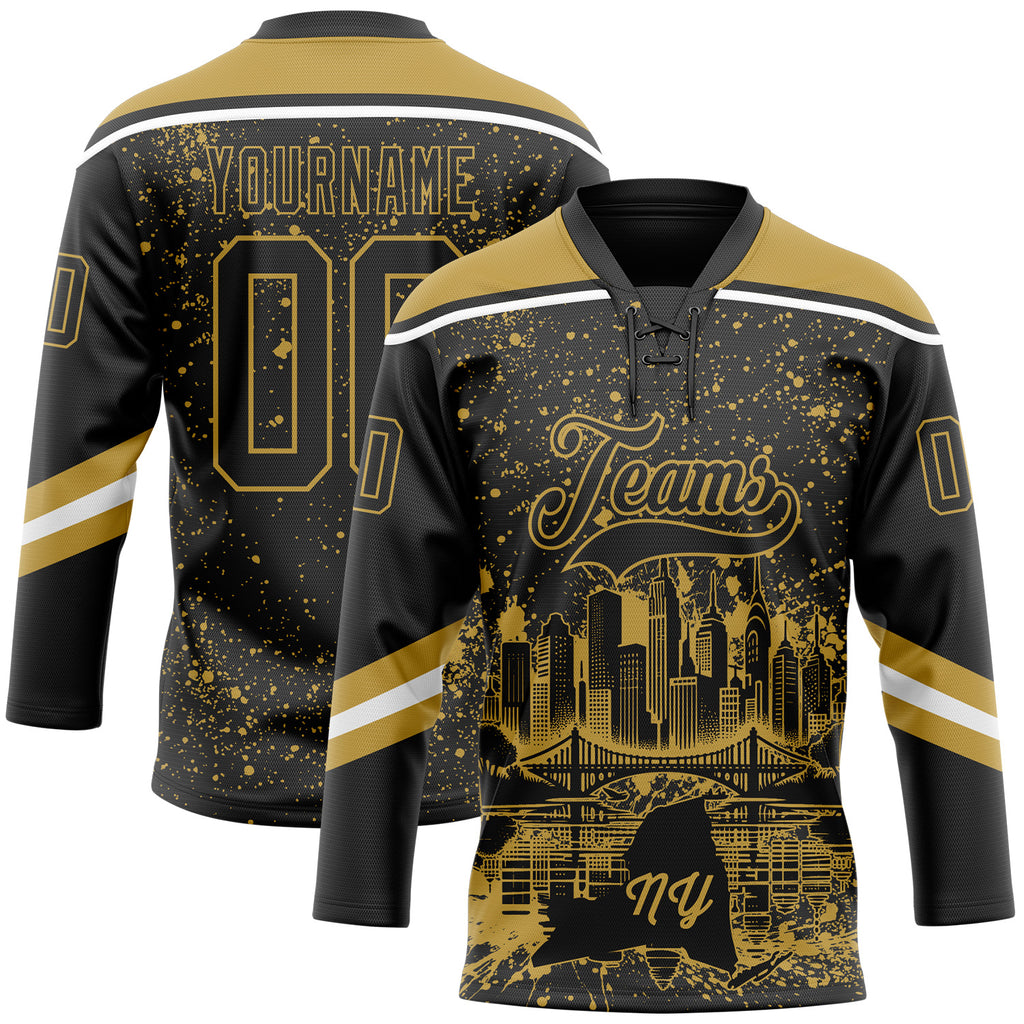 Custom Black Old Gold-White New York NY City Skyline State Pride Paint Splatter Lace Neck Hockey Jersey