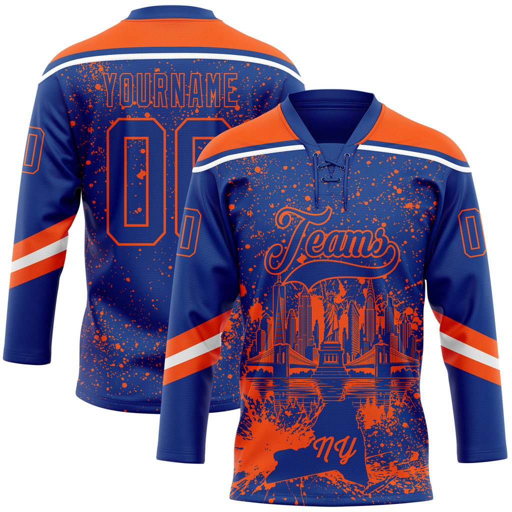 Custom Royal Orange-White New York NY City Skyline State Pride Paint Splatter Lace Neck Hockey Jersey