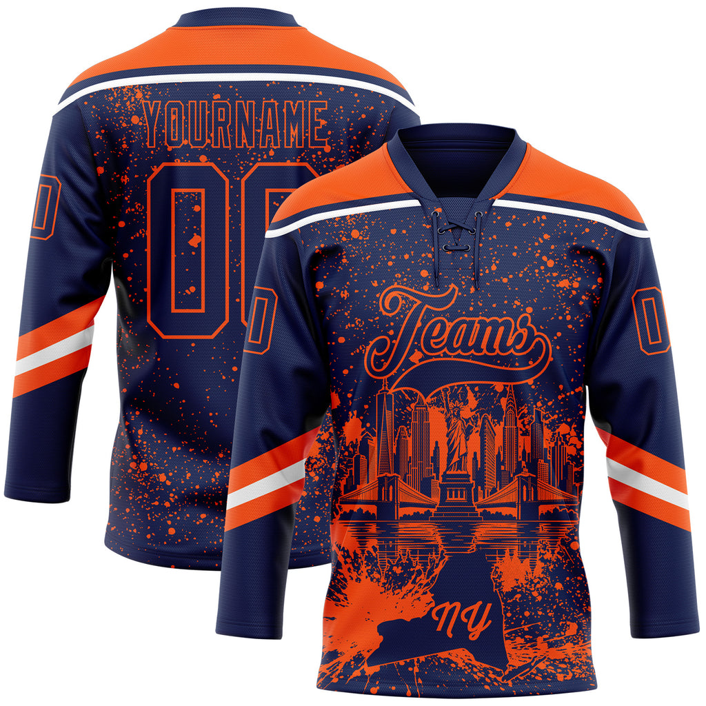 Custom Navy Orange-White New York NY City Skyline State Pride Paint Splatter Lace Neck Hockey Jersey