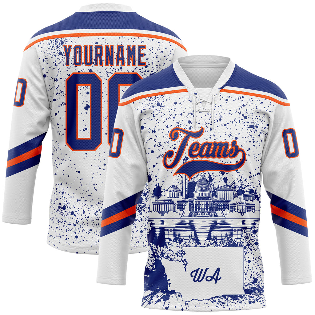 Custom White Royal-Orange Washington DC WA City Skyline State Pride Paint Splatter Lace Neck Hockey Jersey