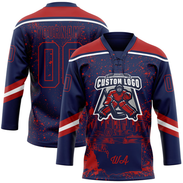 Custom Navy Red-White Seattle WA City Skyline State Pride Paint Splatter Lace Neck Hockey Jersey