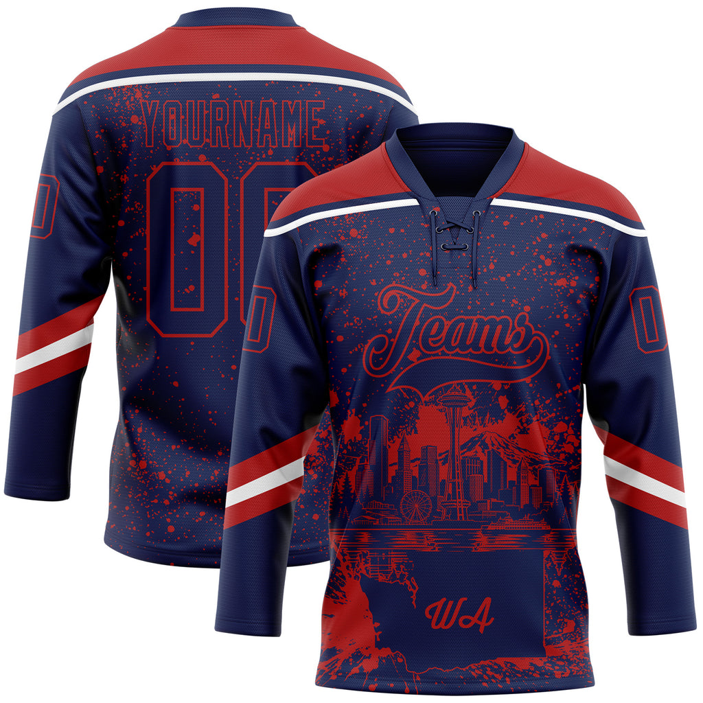 Custom Navy Red-White Seattle WA City Skyline State Pride Paint Splatter Lace Neck Hockey Jersey