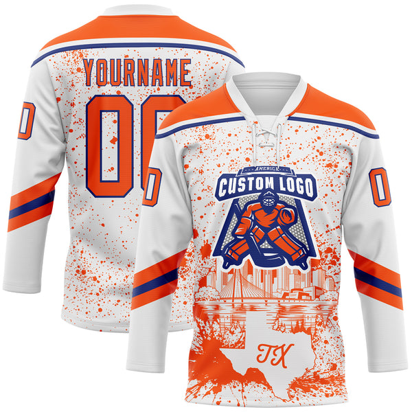 Custom White Orange-Royal Dallas TX City Skyline State Pride Paint Splatter Lace Neck Hockey Jersey