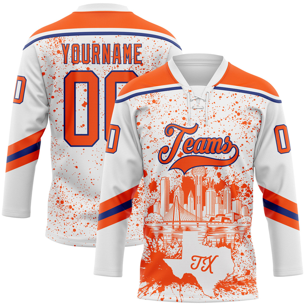 Custom White Orange-Royal Dallas TX City Skyline State Pride Paint Splatter Lace Neck Hockey Jersey
