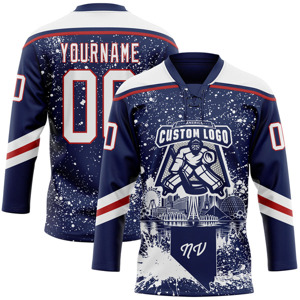 Custom Navy White-Red Las Vegas NV City Skyline State Pride Paint Splatter Lace Neck Hockey Jersey