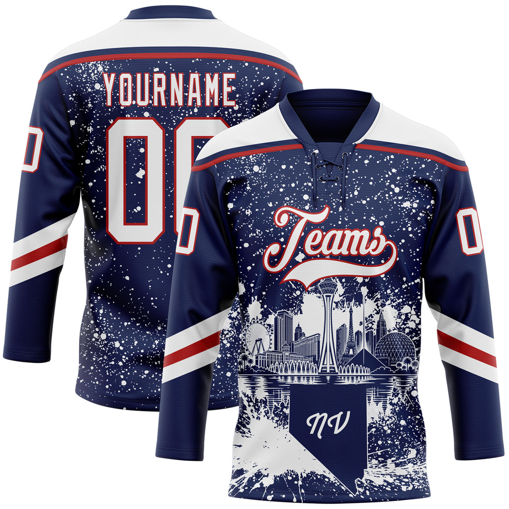 Custom Navy White-Red Las Vegas NV City Skyline State Pride Paint Splatter Lace Neck Hockey Jersey