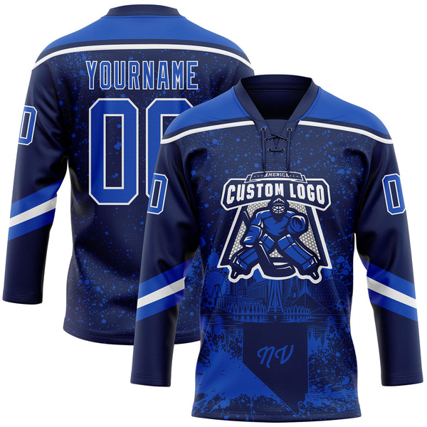 Custom Navy Thunder Blue-White Las Vegas NV City Skyline State Pride Paint Splatter Lace Neck Hockey Jersey