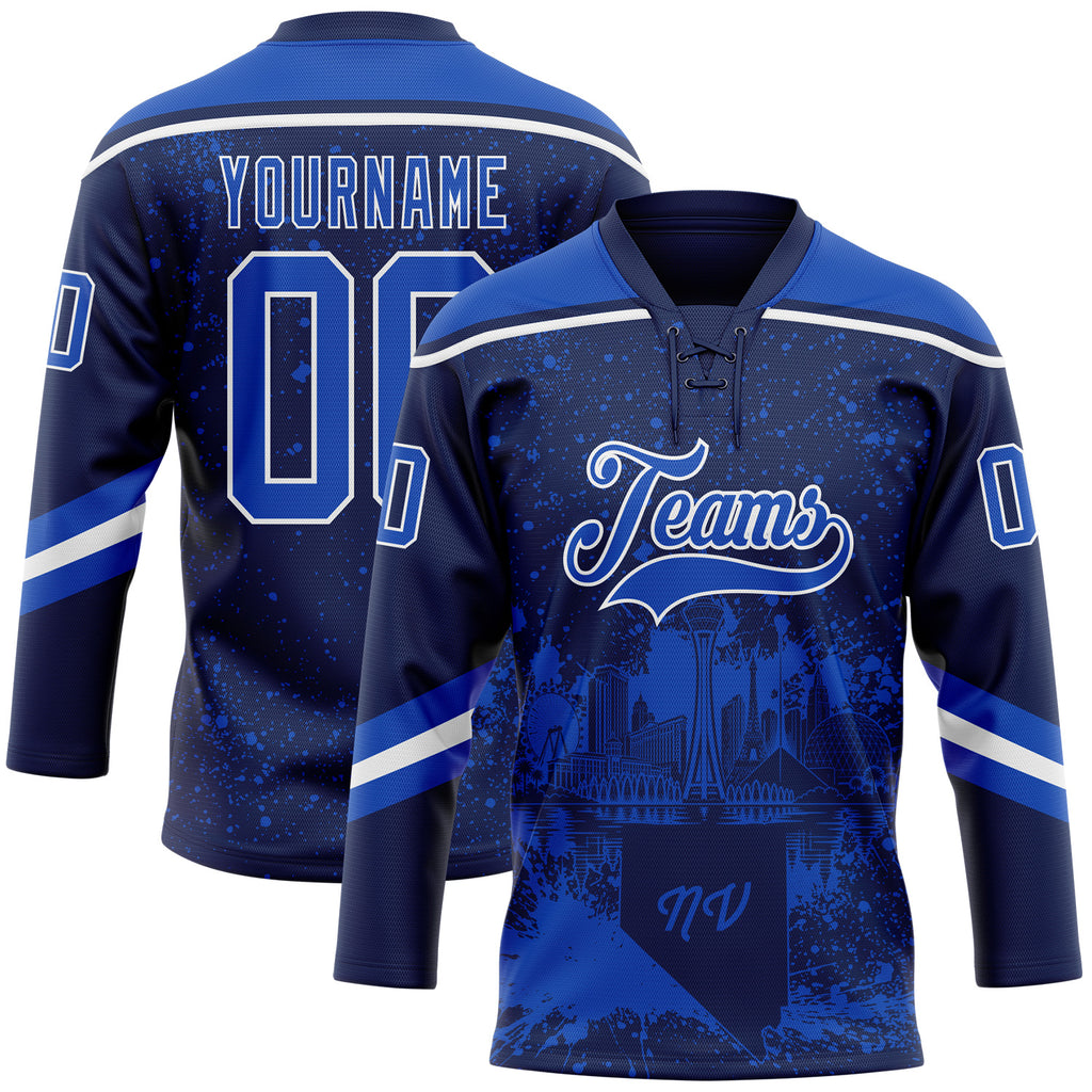 Custom Navy Thunder Blue-White Las Vegas NV City Skyline State Pride Paint Splatter Lace Neck Hockey Jersey