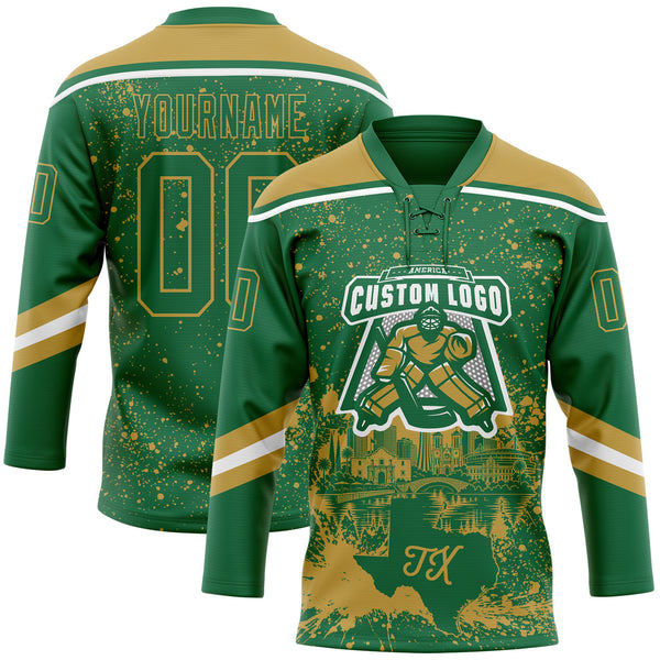 Custom Kelly Green Old Gold-White San Antonio TX City Skyline State Pride Paint Splatter Lace Neck Hockey Jersey